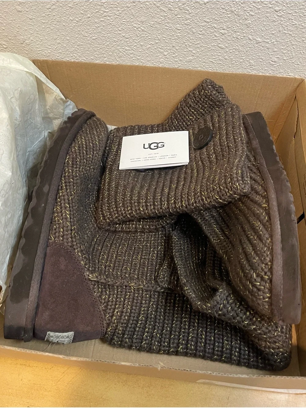 UGG W Purl Cardy Knit Boots Charcoal Grey Gold Metallic Sz 9
